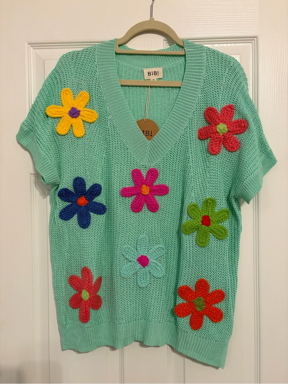 BiBi Mint V-Neck Knit Sweater with Colorful Flower Details